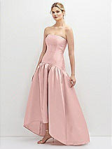 Side View Thumbnail - Rose - PANTONE Rose Quartz Strapless Fitted Satin High Low Dress with Shirred Ballgown Skirt