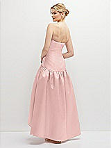 Rear View Thumbnail - Rose - PANTONE Rose Quartz Strapless Fitted Satin High Low Dress with Shirred Ballgown Skirt