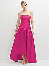 Front View Thumbnail - Think Pink Strapless Fitted Satin High Low Dress with Shirred Ballgown Skirt