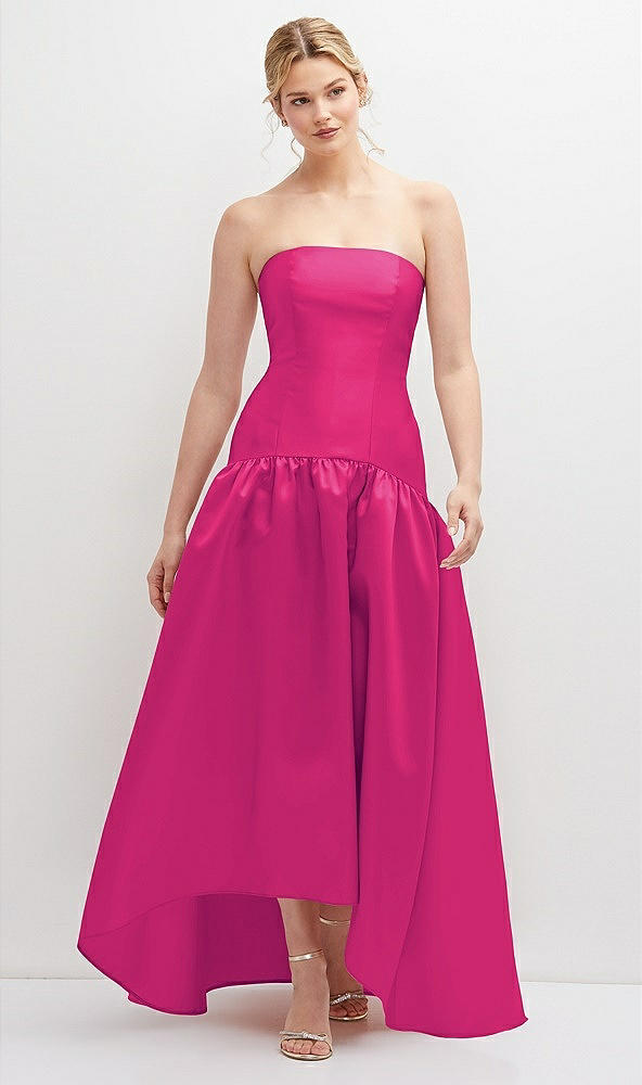 Front View - Think Pink Strapless Fitted Satin High Low Dress with Shirred Ballgown Skirt