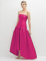 Side View Thumbnail - Think Pink Strapless Fitted Satin High Low Dress with Shirred Ballgown Skirt