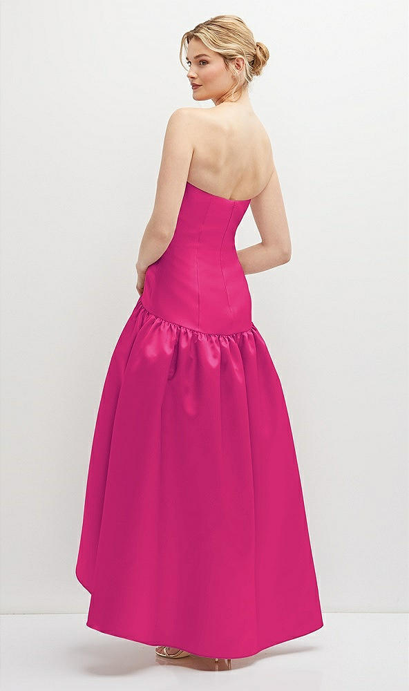 Back View - Think Pink Strapless Fitted Satin High Low Dress with Shirred Ballgown Skirt