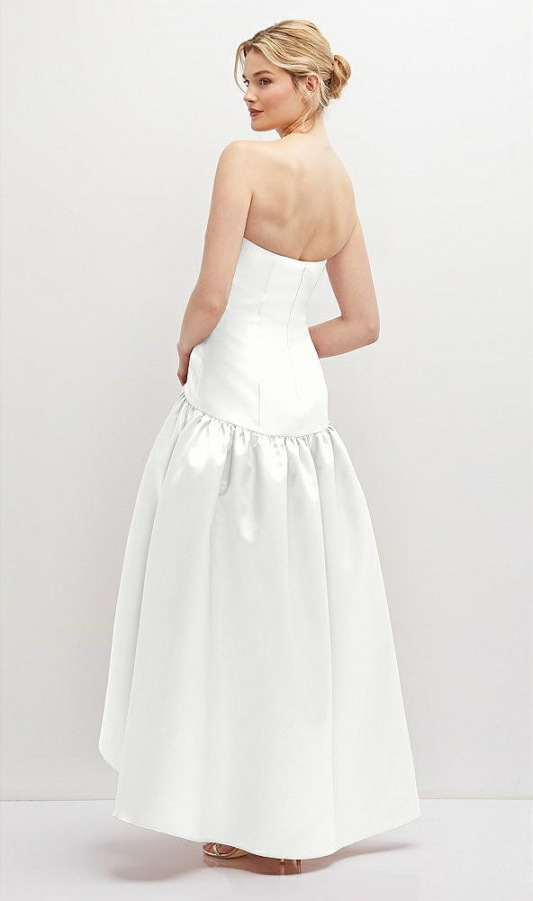 Back View - White Strapless Fitted Satin High Low Dress with Shirred Ballgown Skirt