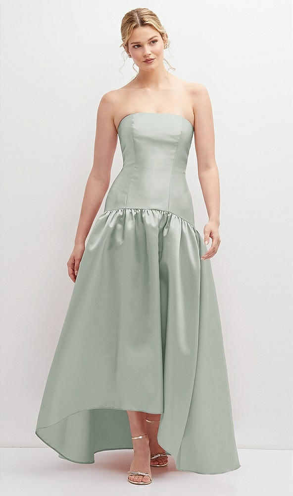 Front View - Willow Green Strapless Fitted Satin High Low Dress with Shirred Ballgown Skirt