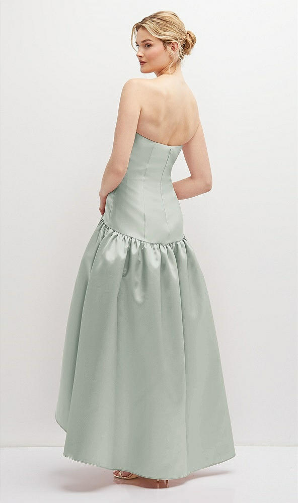 Back View - Willow Green Strapless Fitted Satin High Low Dress with Shirred Ballgown Skirt