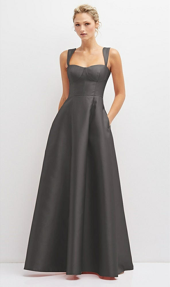 Front View - Caviar Gray Lace-Up Back Bustier Satin Dress with Full Skirt and Pockets