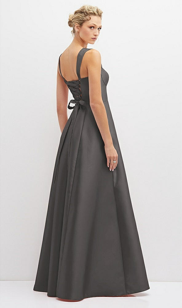 Back View - Caviar Gray Lace-Up Back Bustier Satin Dress with Full Skirt and Pockets