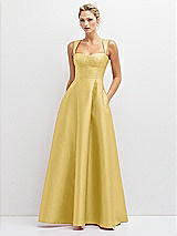 Front View Thumbnail - Maize Lace-Up Back Bustier Satin Dress with Full Skirt and Pockets
