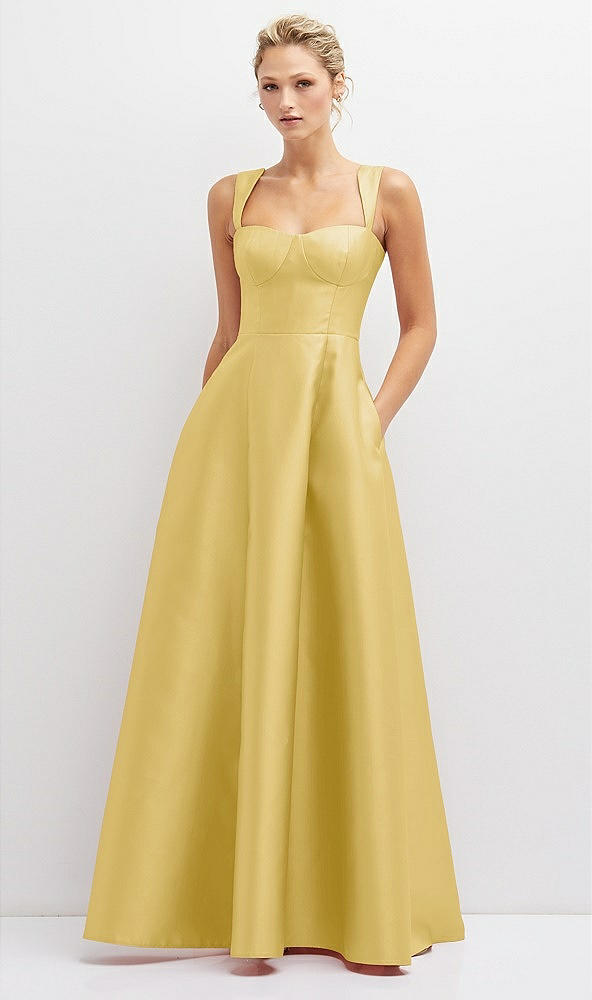 Front View - Maize Lace-Up Back Bustier Satin Dress with Full Skirt and Pockets