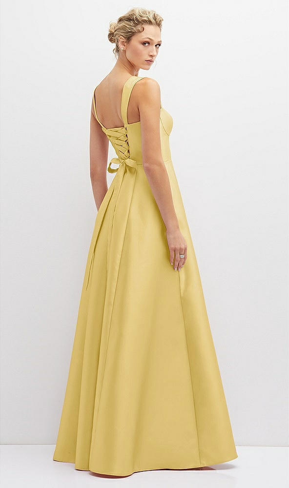 Back View - Maize Lace-Up Back Bustier Satin Dress with Full Skirt and Pockets