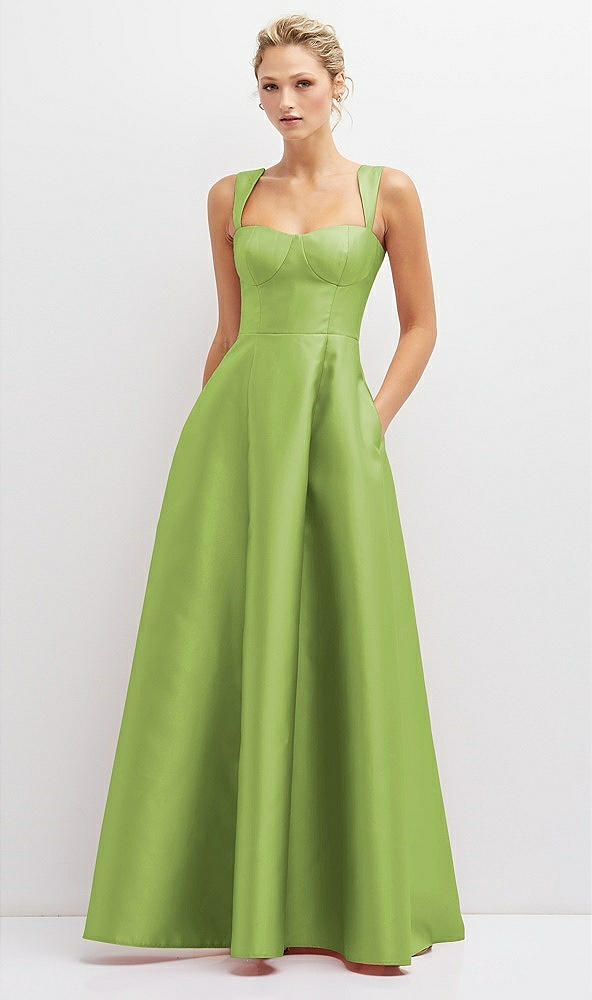 Front View - Mojito Lace-Up Back Bustier Satin Dress with Full Skirt and Pockets