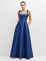 Front View Thumbnail - Classic Blue Lace-Up Back Bustier Satin Dress with Full Skirt and Pockets
