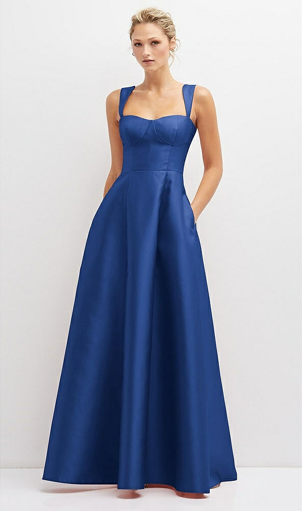 Front View - Classic Blue Lace-Up Back Bustier Satin Dress with Full Skirt and Pockets