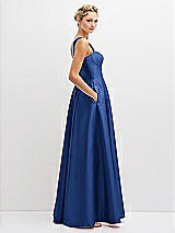 Side View Thumbnail - Classic Blue Lace-Up Back Bustier Satin Dress with Full Skirt and Pockets