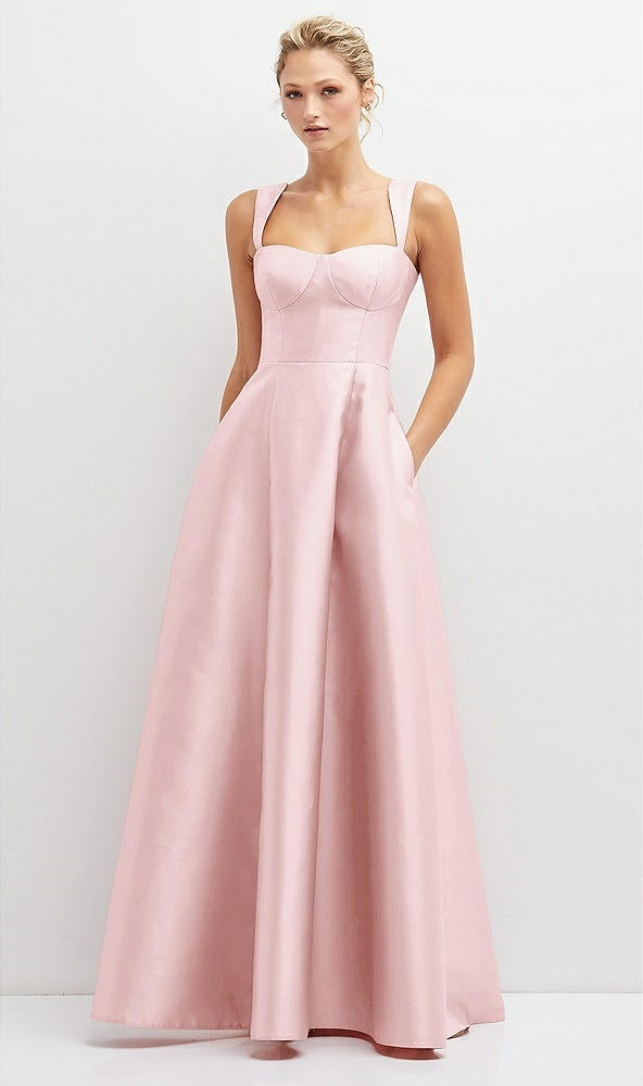 Front View - Ballet Pink Lace-Up Back Bustier Satin Dress with Full Skirt and Pockets