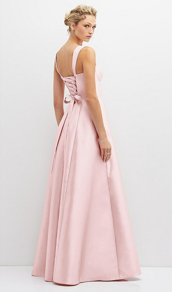 Back View - Ballet Pink Lace-Up Back Bustier Satin Dress with Full Skirt and Pockets
