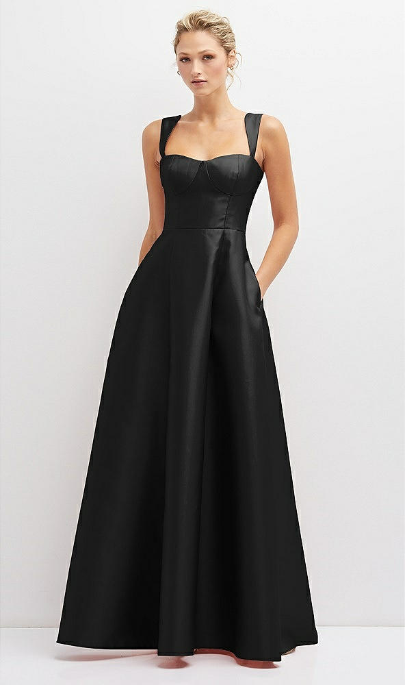 Front View - Black Lace-Up Back Bustier Satin Dress with Full Skirt and Pockets