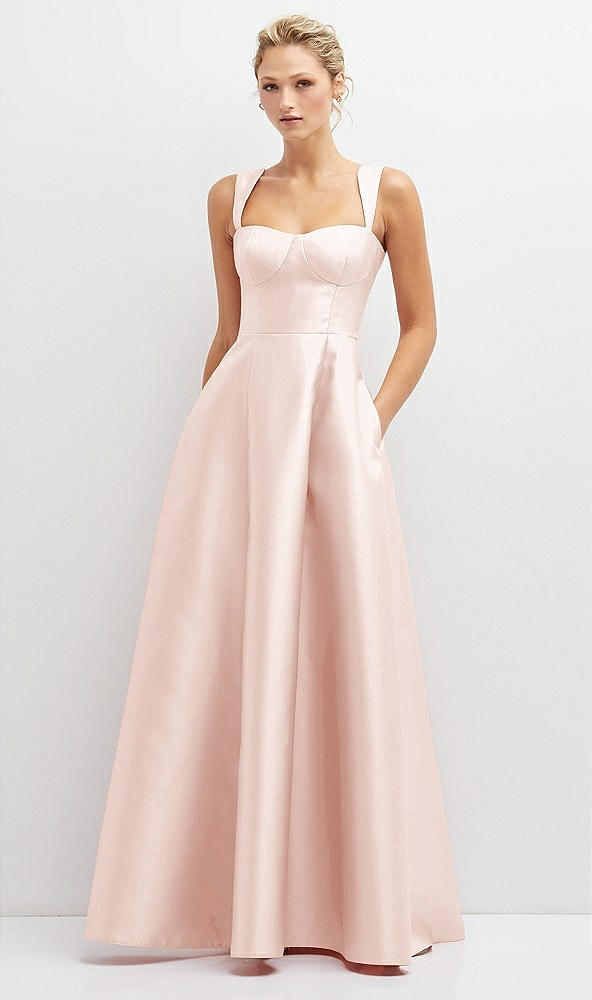 Front View - Blush Lace-Up Back Bustier Satin Dress with Full Skirt and Pockets