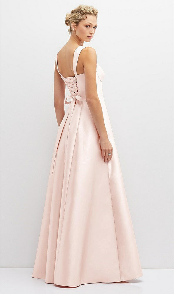 Back View - Blush Lace-Up Back Bustier Satin Dress with Full Skirt and Pockets