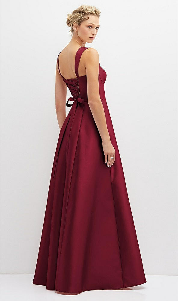 Back View - Burgundy Lace-Up Back Bustier Satin Dress with Full Skirt and Pockets