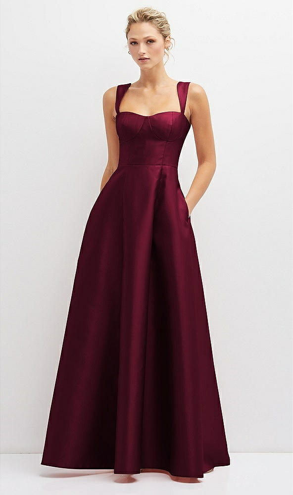 Front View - Cabernet Lace-Up Back Bustier Satin Dress with Full Skirt and Pockets