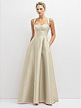Front View Thumbnail - Champagne Lace-Up Back Bustier Satin Dress with Full Skirt and Pockets