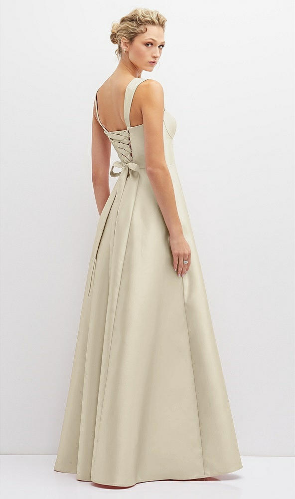 Back View - Champagne Lace-Up Back Bustier Satin Dress with Full Skirt and Pockets