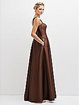 Side View Thumbnail - Cognac Lace-Up Back Bustier Satin Dress with Full Skirt and Pockets