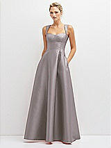 Front View Thumbnail - Cashmere Gray Lace-Up Back Bustier Satin Dress with Full Skirt and Pockets