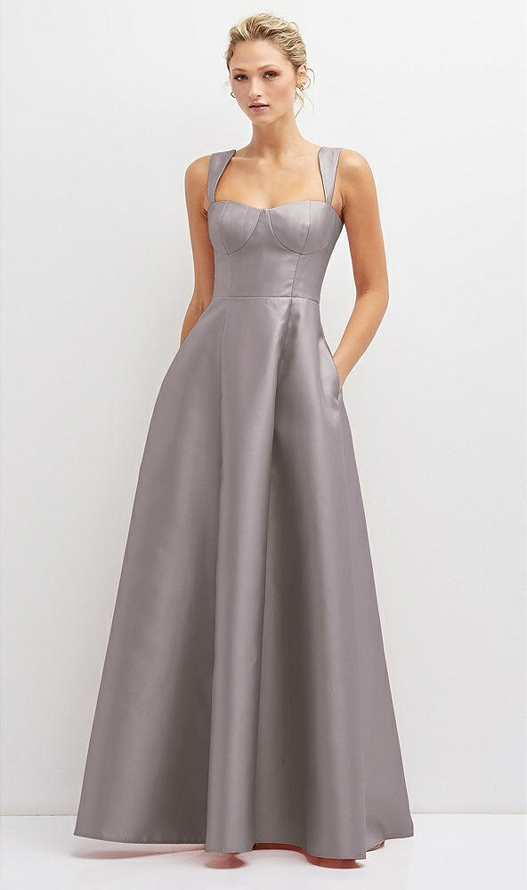 Front View - Cashmere Gray Lace-Up Back Bustier Satin Dress with Full Skirt and Pockets
