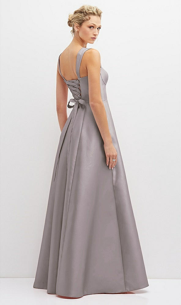 Back View - Cashmere Gray Lace-Up Back Bustier Satin Dress with Full Skirt and Pockets