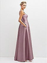 Side View Thumbnail - Dusty Rose Lace-Up Back Bustier Satin Dress with Full Skirt and Pockets