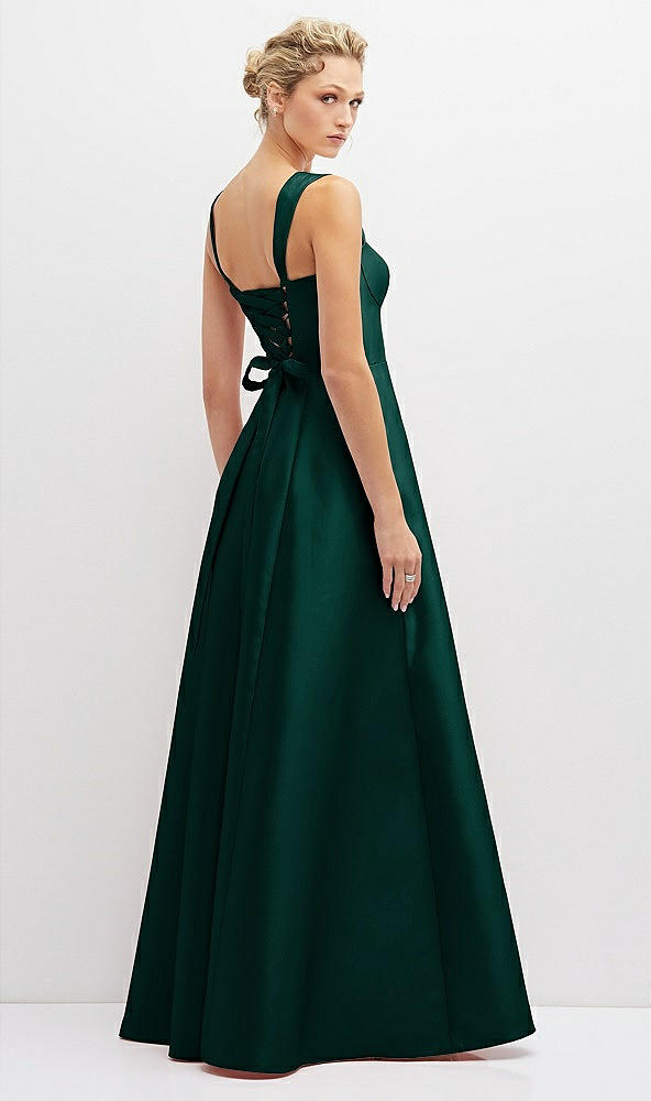 Back View - Evergreen Lace-Up Back Bustier Satin Dress with Full Skirt and Pockets