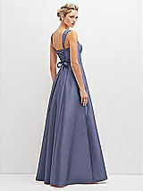 Rear View Thumbnail - French Blue Lace-Up Back Bustier Satin Dress with Full Skirt and Pockets