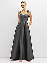 Front View Thumbnail - Gunmetal Lace-Up Back Bustier Satin Dress with Full Skirt and Pockets