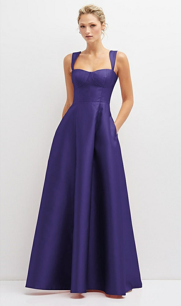 Front View - Grape Lace-Up Back Bustier Satin Dress with Full Skirt and Pockets