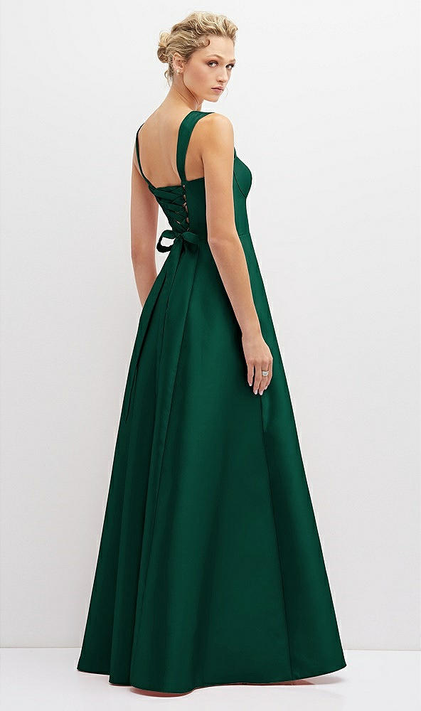 Back View - Hunter Green Lace-Up Back Bustier Satin Dress with Full Skirt and Pockets