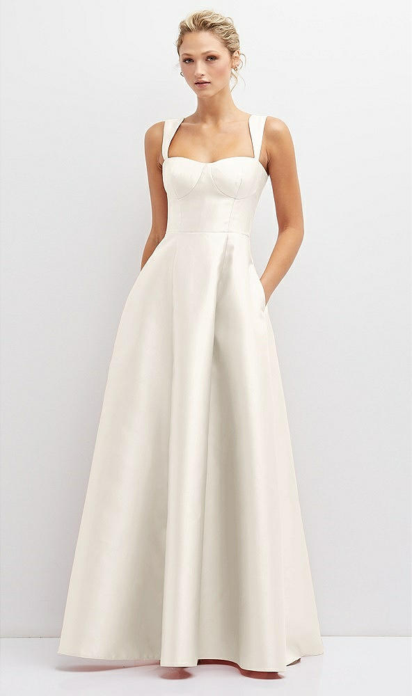 Front View - Ivory Lace-Up Back Bustier Satin Dress with Full Skirt and Pockets