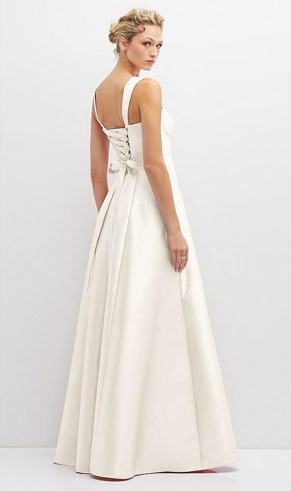 Back View - Ivory Lace-Up Back Bustier Satin Dress with Full Skirt and Pockets