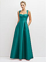 Front View Thumbnail - Jade Lace-Up Back Bustier Satin Dress with Full Skirt and Pockets