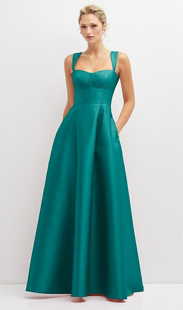 Front View - Jade Lace-Up Back Bustier Satin Dress with Full Skirt and Pockets