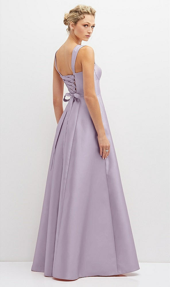 Back View - Lilac Haze Lace-Up Back Bustier Satin Dress with Full Skirt and Pockets