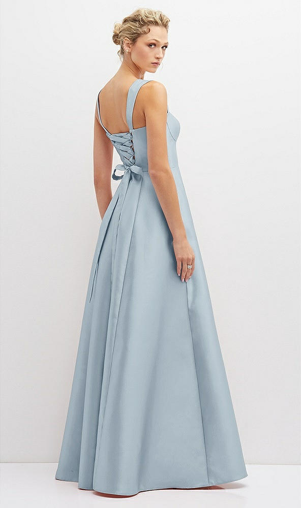 Back View - Mist Lace-Up Back Bustier Satin Dress with Full Skirt and Pockets
