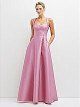 Front View Thumbnail - Powder Pink Lace-Up Back Bustier Satin Dress with Full Skirt and Pockets