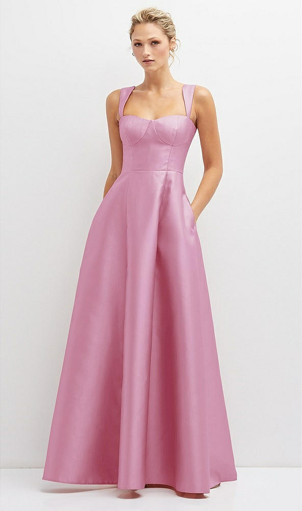 Front View - Powder Pink Lace-Up Back Bustier Satin Dress with Full Skirt and Pockets