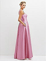 Side View Thumbnail - Powder Pink Lace-Up Back Bustier Satin Dress with Full Skirt and Pockets