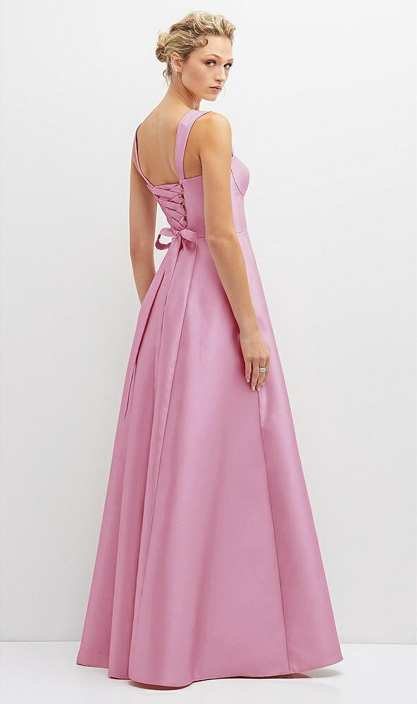 Back View - Powder Pink Lace-Up Back Bustier Satin Dress with Full Skirt and Pockets