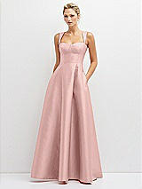 Front View Thumbnail - Rose - PANTONE Rose Quartz Lace-Up Back Bustier Satin Dress with Full Skirt and Pockets