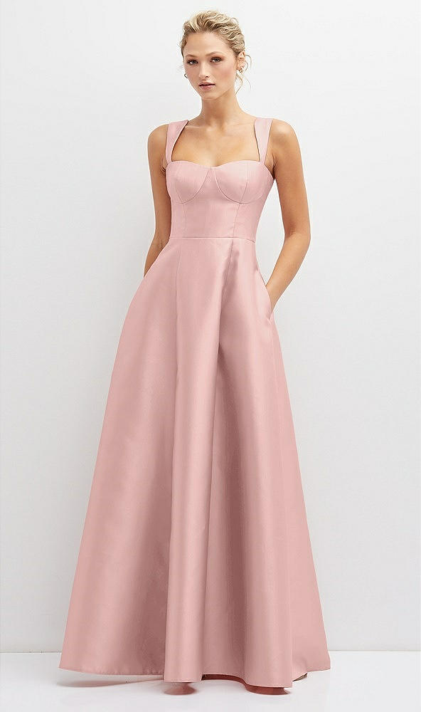 Front View - Rose - PANTONE Rose Quartz Lace-Up Back Bustier Satin Dress with Full Skirt and Pockets