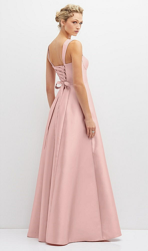 Back View - Rose - PANTONE Rose Quartz Lace-Up Back Bustier Satin Dress with Full Skirt and Pockets